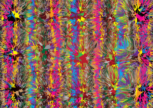 The colorful abstract motif resembles exploding fireworks, forming a dynamic pattern with bright hues and striking contrasts