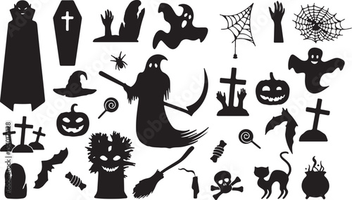 Scary Halloween Vector Collection Witches Ghosts Zombies Tomb Symbols Pack