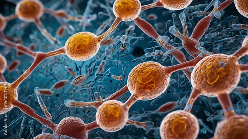 Microscopic view of neurons and nerve cells for medical science background