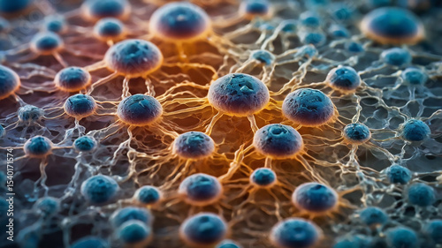 Microscopic view of cells spreading with connections and orange background