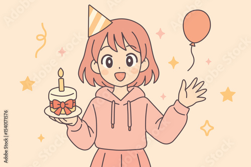 Cute kawaii anime girl celebrating birthday with cake, balloon, party hat. Perfect for greeting cards, invitations, children’s content, festive design projects. Simple flat vector illustration