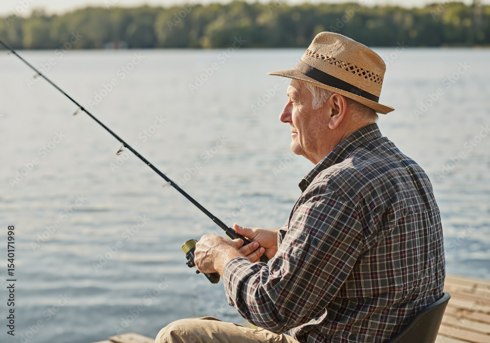 elderly man fishing by serene lake, enjoying peaceful nature moments while wearing straw hat and plaid shirt, capturing tranquility and relaxation in outdoor setting elderly man fishing by serene lake, enjoying peaceful nature moments while wearing straw hat and plaid shirt, capturing tranquility and relaxation in outdoor setting