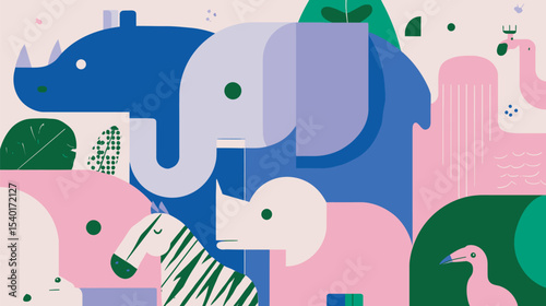 Colorful animals gather playfully against abstract background wildlife art