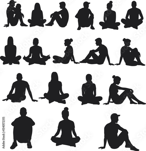 Silhouettes of people sitting in various poses, relaxing, meditating, thinking, casual positions, black vector set isolated on white background for design, lifestyle, wellness concepts