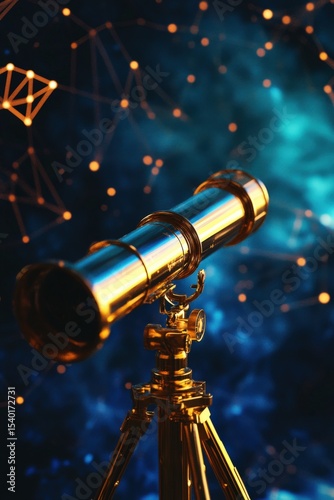 Golden telescope under glowing night sky with digital constellation overlays. photo