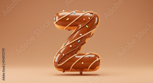 Chocolate Donut Number Two 2 with Glaze and Sprinkles on Beige Background