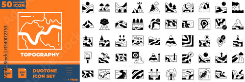 Topography Duotone Editable Icons set. Vector illustration in modern thin duotone style of topography icons: canyon, cliff, desert, forest, etc