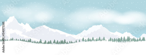 Winter season with pine forest, mountain range and cloud background. Nature Landscape illustration