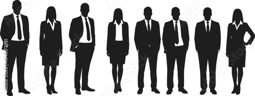 Silhouette of professional business people team, men and women in formal attire, standing together, corporate group vector illustration, leadership, diversity, isolated on white background