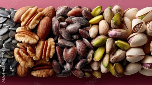 Healthy snack mix with sunflower seeds, walnuts, and pistachios on a vibrant pink background for a nutritious treat