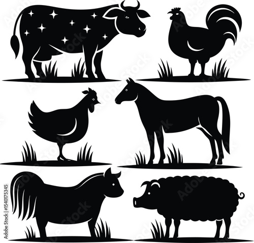 Collection of silhouettes of animals hyenas, bea,r lion rabbi,t giraffe, he,n duck, goat