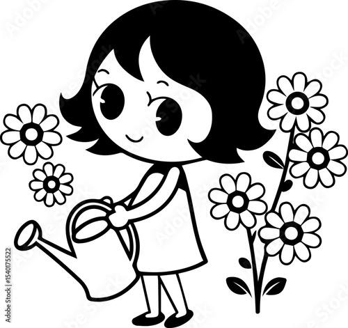 
Cartoon little girl watering flowers in a garden, SVG with clean lines.Happy Girl Watering Plants with Flowers in Black and White