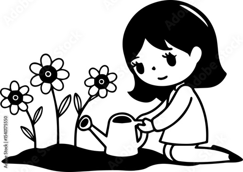 
Cartoon little girl watering flowers in a garden, SVG with clean lines.Girl Watering Flowers in Simple Line Art Style