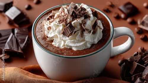 Delicious coffee topped with whipped cream and chocolate shavings set against a brown background showcasing rich textures and flavors