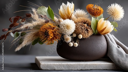 Natural dried flower arrangement in a brown vase on a marble surface with dark gray background
