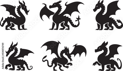 Mythical Creatures Six Majestic Dragon Silhouettes for Design Projects