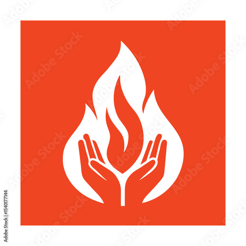 Symbolic illustration of protection and care represented by hands embracing flames with orange background