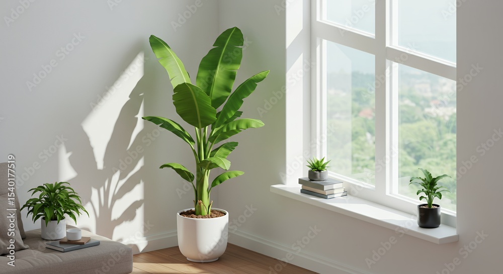 Lush Banana Plant in White Pot near Window with Natural Light in Simple Interior Design Lush Banana Plant in White Pot near Window with Natural Light in Simple Interior Design