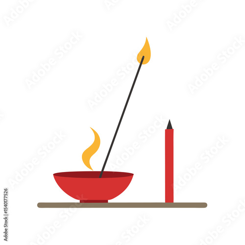 Illustration of a red bowl incense stick and candle with bright yellow flames on a white background