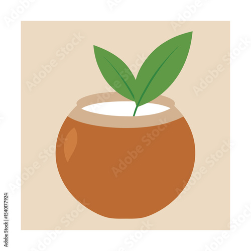 Simplified illustration of a ceramic pot with green leaves and a creamy white filling