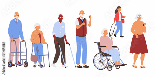 Diverse Group of Senior People with Mobility Aids Representing Aging Accessibility and Healthcare Needs in a Flat Vector Style