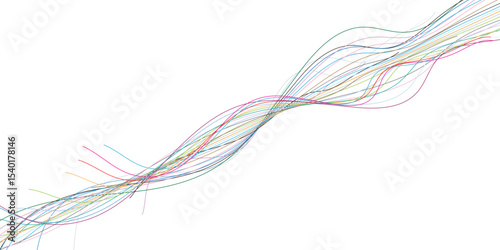 Abstract graphic design composed of a network of wavy colorful lines on a white background illustrating data flow and connectivity.
