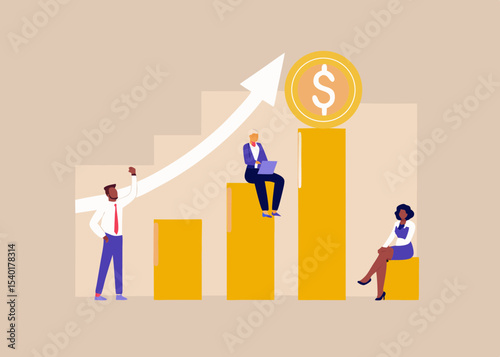 Diverse team achieving financial growth business success and investment returns with rising bar chart and dollar coin vector illustration