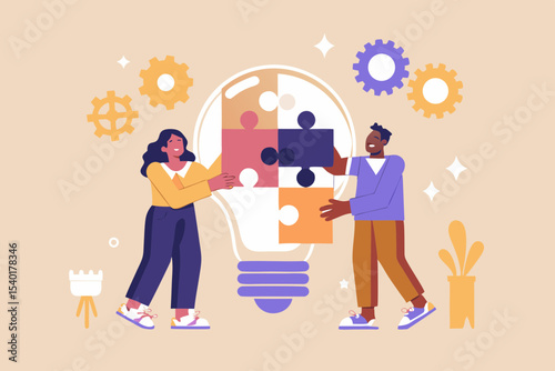 Creative Teamwork and Problem Solving Diverse team building a lightbulb puzzle symbolizing innovation and collaboration for business success and shared