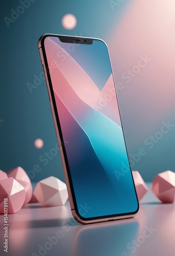 Modern smartphone displaying an abstract gradient screen, set on a reflective surface with geometric shapes. Digital technology concept for marketing and future innovation.