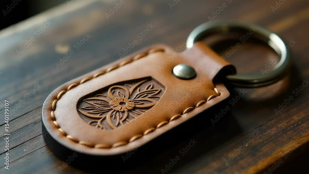 A small leather keychain with a floral pattern, suitable for daily use or as a gift.