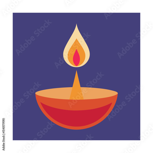 Flat illustration of a diwali diya lamp with a bright flame against purple background