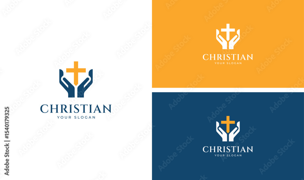 Obraz premium Christian Prayer Logo – Cross and Hands Faith Symbol Vector for Church or Ministry