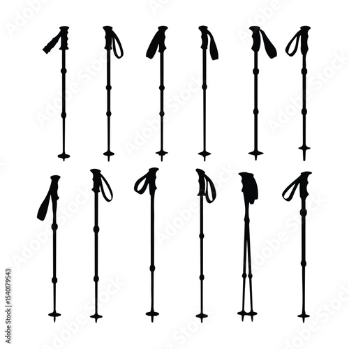 Silhouette of trekking poles isolated on white background for outdoor gear concepts