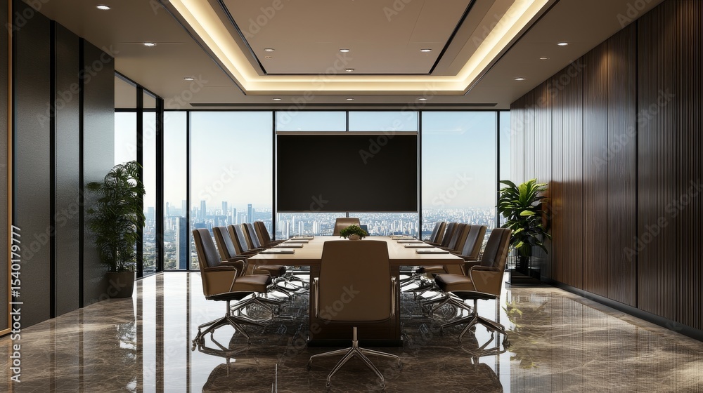 Fototapeta premium Modern corporate conference room with large presentation screen, sleek white chairs, and contemporary meeting table in bright professional office interior