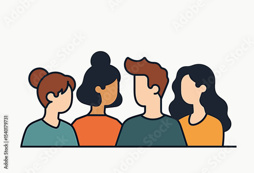 Modern line art icon of a diverse group of four people, a minimalist graphic illustrating teamwork, community discussion, or a focus group collaboration.
