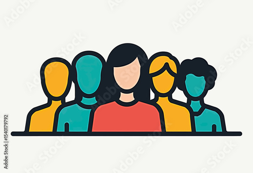 Modern flat design icon of a diverse team lined up with a female leader at the center, symbolizing collaboration, leadership, and professional community.
