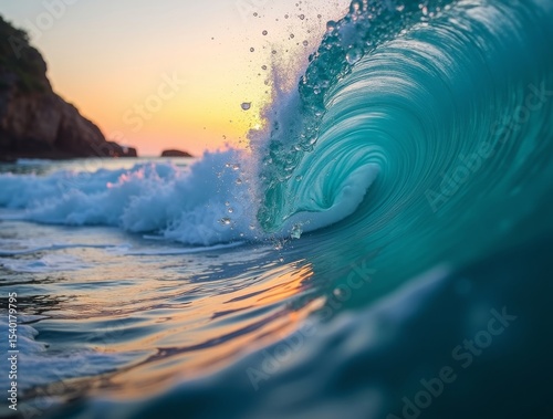 Fototapeta Naklejka Na Ścianę i Meble -  Close-up of a vibrant turquoise ocean wave crashing against a rocky shore at sunrise, with sparkling water droplets in soft morning light