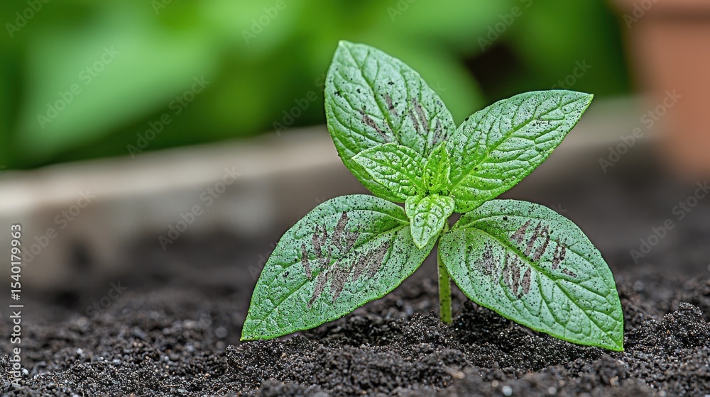 Naklejka premium Vibrant Green Seedling Emerging from Dark Soil