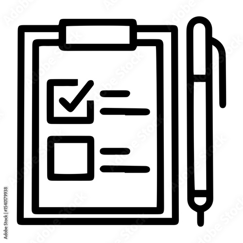Outline style image depicts a clipboard with a paper showing a checklist where one item is checked and other not, attended by a pen, denoting task completion or a confirmed status on a physical form