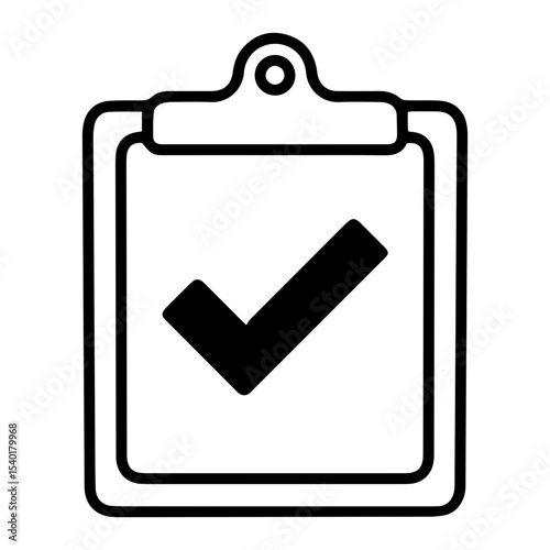 Outline style image depicts a clipboard with a document showing a large, prominent checkmark, denoting an accepted, verified, fully approved record. Related to successful submissions, data integrity