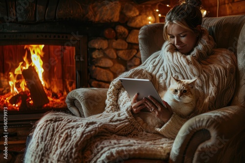woman by the fireplace, sitting in a cozy armchair, with a warm blanket and using tablet with cat