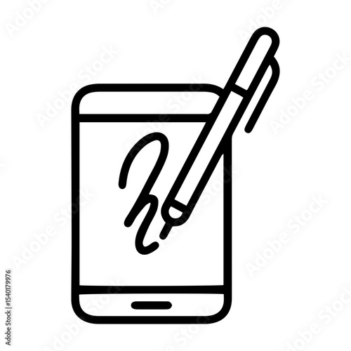 Outline style image depicts a smartphone with a stylized signature or drawing on its screen, accompanied by a digital pen or stylus, symbolizing digital signature, online drawing, or mobile creativity