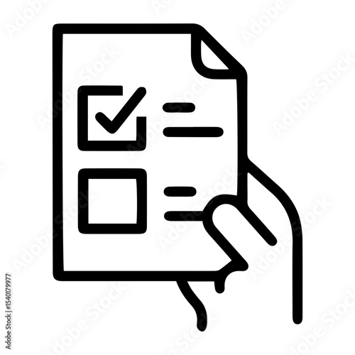 Outline style image depicts a hand holding a paper that displays a checklist with one item checked, denoting a completed vote, a selection made, a filled-out form in hand. Related to voting, surveys