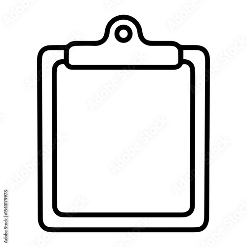Outline style image depicts a blank clipboard, with no document attached or content visible, denoting an empty record, a clean slate, or a new form ready for use. Related to blank canvas for planning