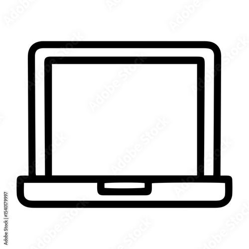 Outline style image depicts a laptop computer, presented from a frontal view, denoting a modern portable device for work, study, or entertainment. Related to portable computing, digital nomadism