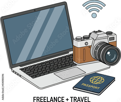  Laptop, camera, passport, Wi-Fi symbol — perfect for freelance + travel niche..