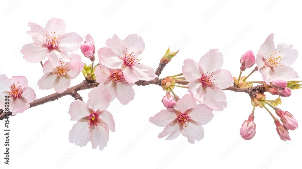 Naklejka premium Delicate Cherry Blossom Branch with Pink Flowers and Buds Perfect for Spring and Nature Themes in Stock Photography