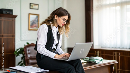 Young businesswoman smiling and typing on her laptop at an office desk