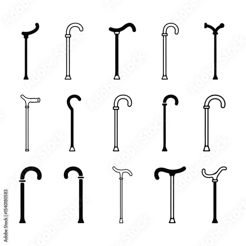 Collection of walking stick silhouettes in various designs on white background