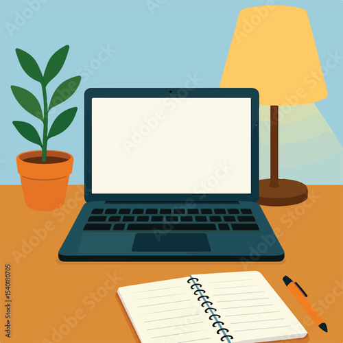 Flat-style desk with open laptop, warm light, notebook, plant — clean freelance vibe..